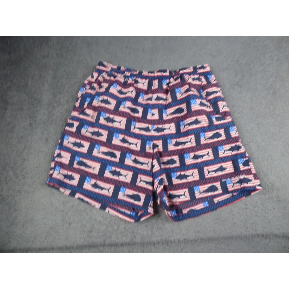 Columbia PFG Mens Shorts Medium Blue Red American Flag Fish Print Mesh Lined 6in